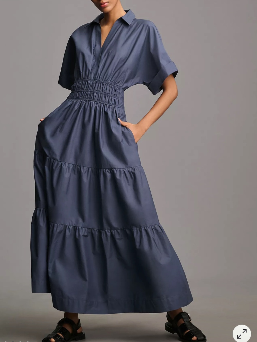 Anthropologie Large The Somerset Maxi Shirt Dress Navy Stone Blue Minimal Modest
